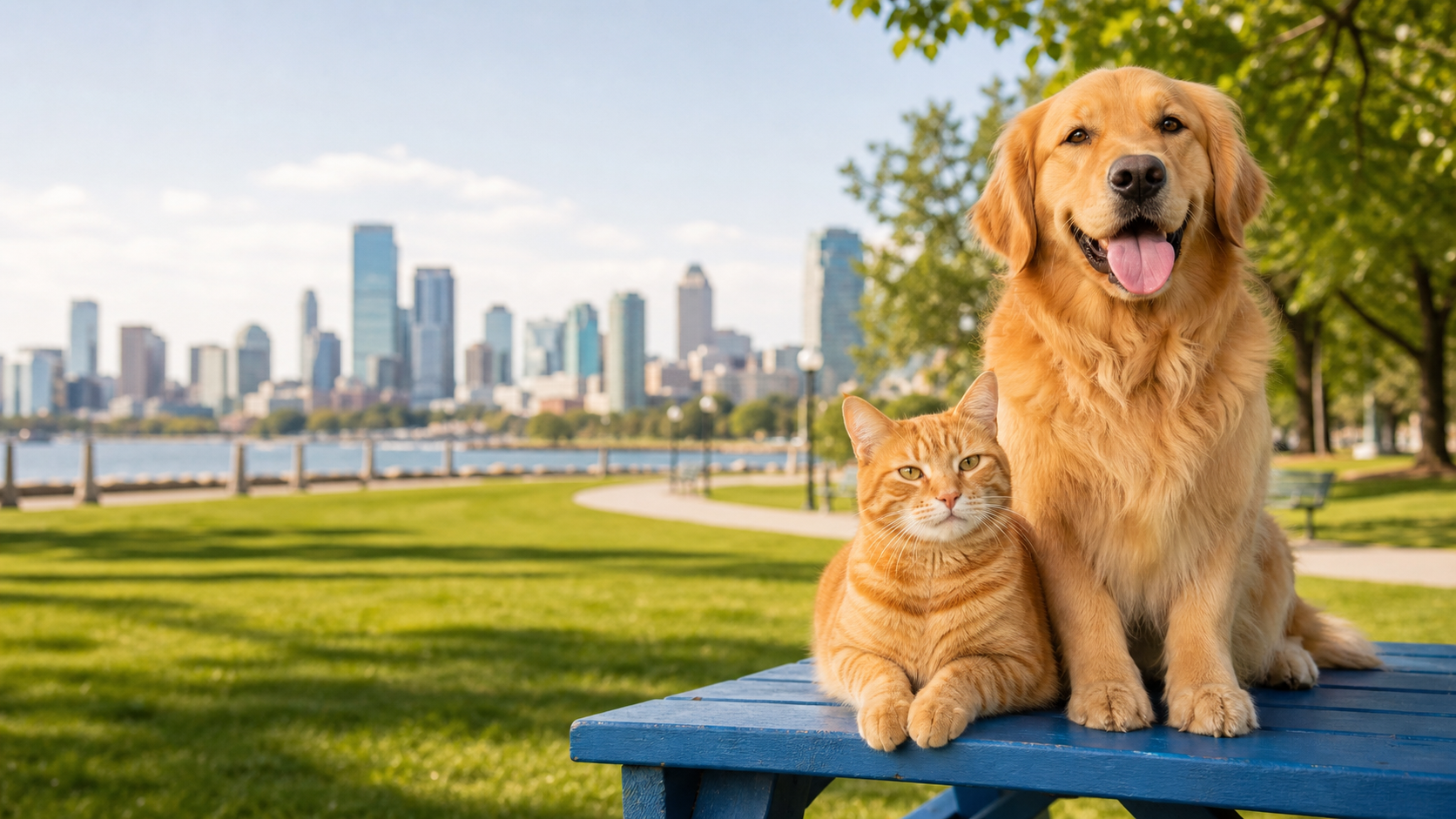 A golden retriever and orange cat in a sunny city park